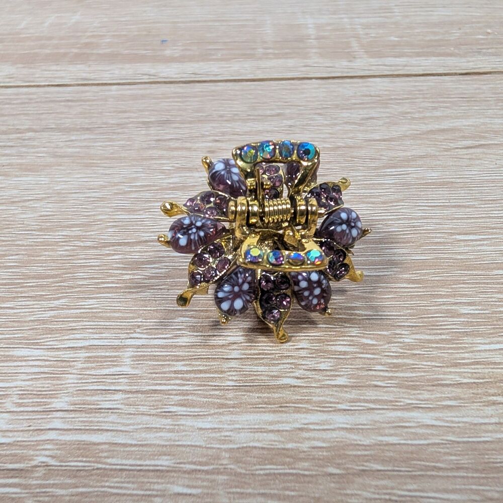 Purple Floral Rhinestone Hair Claw Clip Gold Tone Millefiori Style Vintage Look